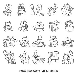 Jeu de caractères de célébration d'anniversaire de chat dans le contour de l'art en ligne avec des chatons mignons avec des cadeaux, des ballons, des arcs, des chapeaux de fête et diverses poses émotionnelles adorables pour vos projets