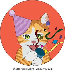 Cat birthday celebration sticker hat and confetti vector logo