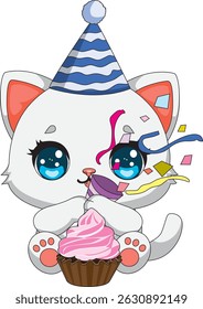 Cat Birthday Party Mascot Vector