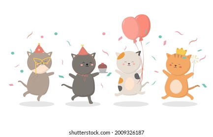 Cat Birthday Party Preparation Together They Decorated The Venue With Balloons And Lights. And Prepare A Paper Shooter For Celebration. Flat Vector Illustration