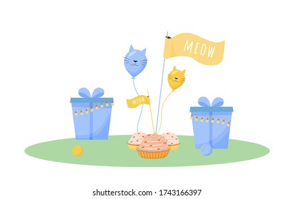 Cat birthday presents cartoon vector illustration. Cupcake for kitten. Cute balloons to celebrate domestic animal bday. Pet cake flat color object. Gift boxes isolated on white background