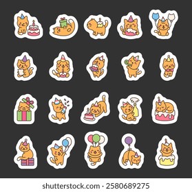 Cat birthday set with adorable wearing party hats, holding balloons, unwrapping gifts, playing with confetti, reading letters, popping champagne, and celebrating in a kawaii cartoon style.