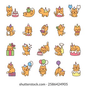 Cat birthday set with adorable wearing party hats, holding balloons, unwrapping gifts, playing with confetti, reading letters, popping champagne, and celebrating in a kawaii cartoon style.