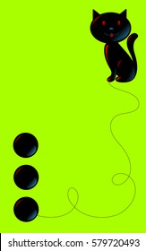 Cat black with cranes and blue patches of light, imitation glass, and three black buttons like balls of thread with  a twisting thread on black background light green vertical
