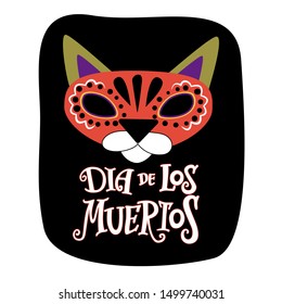 Cat with black eye sockets, hand lettering Day of the dead. Color vector image for logos, invitations, postcards and more