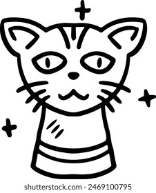 A cat with a black face and white stripes. The cat has a look of surprise on its face