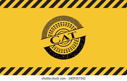 Cat  black grunge emblem inside yellow warning sign. Vector Illustration. Detailed.