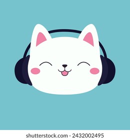 Cat in black headphones earphones icon. Kitten listen to music with closed eyes, pink tongue, ears. Cute cartoon kawaii funny baby pet character. Happy face head. Flat design. Blue background. Vector