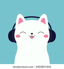 Gato en auriculares negros. Los gatitos escuchan música con los ojos cerrados, la lengua rosa, las orejas. Cute caricatura kawaii divertido personaje de bebé mascota. Feliz cara. Diseño plano. Fondo azul. Vector