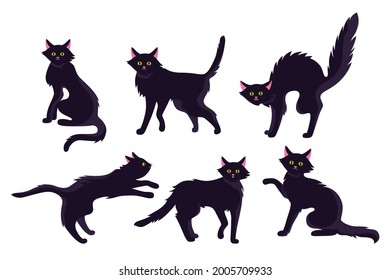 Juego de dibujos animados planos de horror negro para gato. Gatito delgado y espeluznante de Halloween, linda o aterradora colección de viejos y salvajes gatos. Divertido diseño de gatitos de mascotas de personaje de juego. Ilustración vectorial aislada