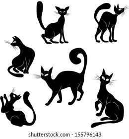 Cat black icon silhouette collection. Vector animal set sketch kitty isolated on white.