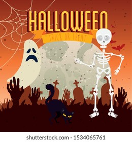 cat black with moon and icons in scene halloween vector illustration design cat black with moon and icons in scene halloween vector illustration design