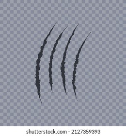 Silueta de arañazos negros de gato. Las garras del oso de león de animales salvajes arañan el fondo roto. garras de perro aisladas en un fondo transparente. Ilustración de tarjeta de vector