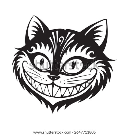 Сheshire cat, black silhouette on transparent background, vector drawing
