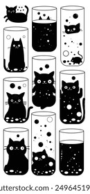cat, black and white, creative, cute, glass, vector, editable