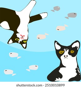 gato, preto e branco, rosto chocado, peixe, fundo aquarela, ilustração vetorial.
