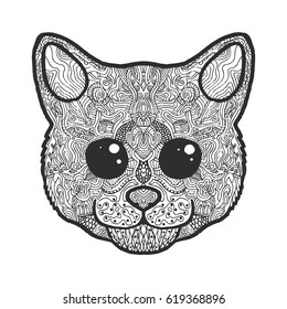 Cat black white vector. Zen art. Hand drawn animal portrait in zentangle style for adult coloring page. Doodle illustration on a white background. T-shirt print
