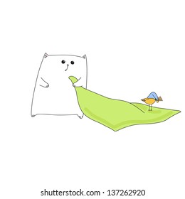 Cat with blanket and bird. Vector illustration