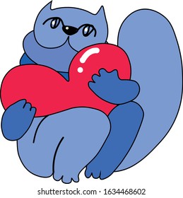Cat of blue color with red heart isolated on white background vector