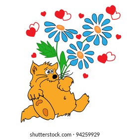 cat with blue daisies and hearts