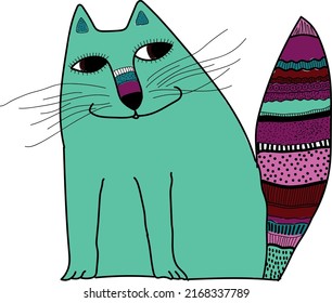 The cat is blue in ethno style. Vector file for designs.