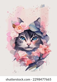 	
A cat with blue eyes and a pink flower on its head