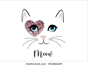 cat with blue eyes and pink sequin glitter heart wit kitten blue eyes meow