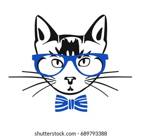 Cat in blue glasses and tie. Vector illustration for a card or poster 