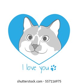Cat in blue heart. Valentine card.