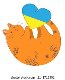 Cat with blue-yellow heart. Vector. Doodle cat