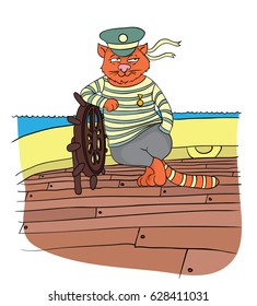 Cat boatswain at the helm of the ship, vector illustration.