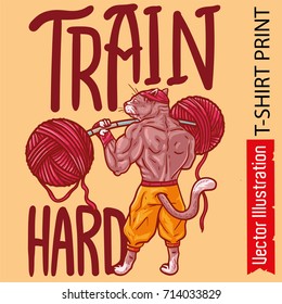 Cat bodybuilder pumps muscles with barbell of two tangles of thread. Swag puma bodybuilder. Tshirt print cat prisoner. Illustration for rap album, poster element bodybuilding cup. Vector illustration