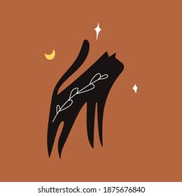 Cat. Boho style. Vector outline illustration on brown background. 