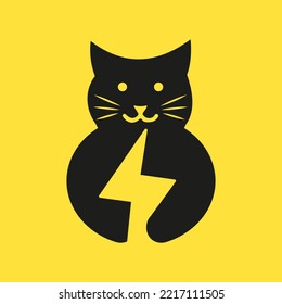 Cat Bolt Logo Negative Space Concept Vector Template. Cat Holding Power Symbol