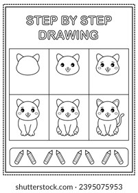 Cat. Book page, drawing step by step. Black and white vector coloring page.