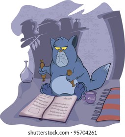 Cat and the book. A terrible fairy tale. Cartoon