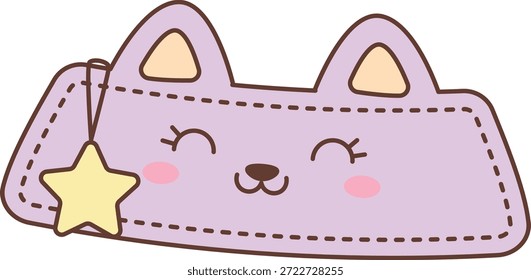 Cat bookmark with stitched outline and smiling face, featuring ear tabs and dangling star charm. Symbol of reading joy, luck, and cozy study mood with feline tag. Cartoon vector illustration.
