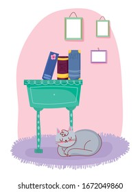 cat books in furniture drawer with frames decoration vector illustration, book day