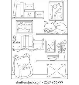 cat bookshelf minimal style coloring book page for kids and adults creative coloring mindful relaxation activity