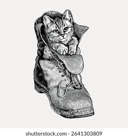 Cat in a boot, funny animal vintage illustration, isolated vector element. 