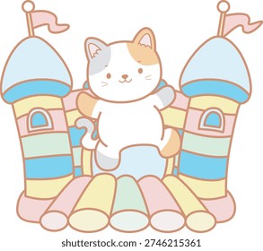 The cat bounces inside the inflatable castle