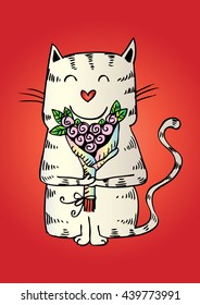 Cat with a bouquet of flowers