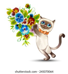 cat with a bouquet of flowers vector