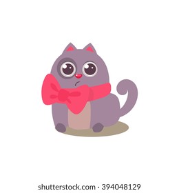 Cat In Bow Adorable Emoji Flat Vector Caroon Style Isolated Icon 