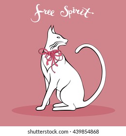Cat with bow and free spirit lettering vector Illustration. Sitting cat with nice small bow at neck. Doodle cat sketch. Free spirit hand drawn title. Idea for poster or t-shirt print.