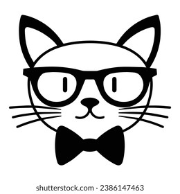 Cat In Bow And Glasses Flat Icon Isolated On White Background