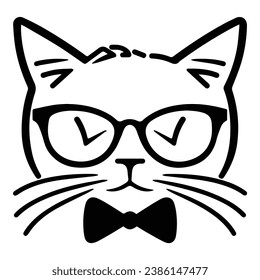 Cat In Bow And Glasses Flat Icon Isolated On White Background