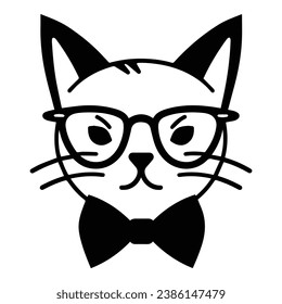 Cat In Bow And Glasses Flat Icon Isolated On White Background