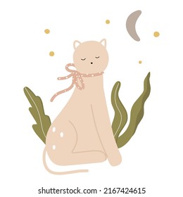 Gato con un arco en la hierba bajo la luna. Ilustración vectorial infantil sobre fondo blanco en estilo doodle para impresión, pegatina