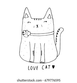 Cat with a bow , hand drawn graphic, animal illustration,coloring book for children
